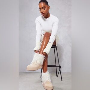 PrettyLittleThing CREAM FAUX SUEDE CONTRAST FAUX FUR ANKLE BOOTS WOMENS SIZE 8